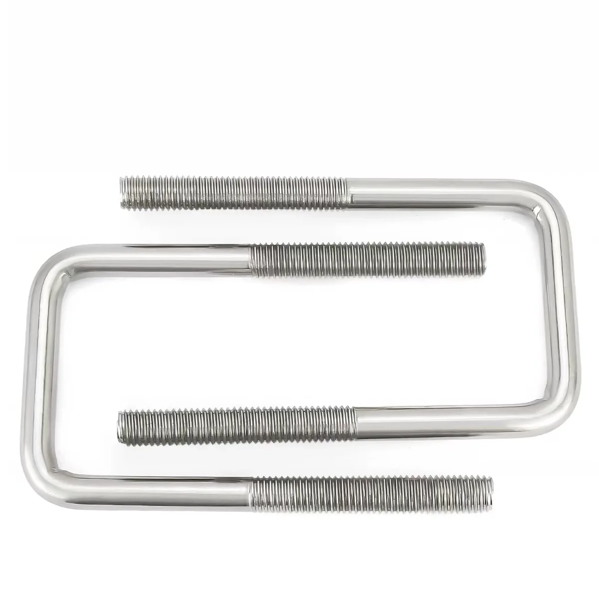 Pair of custom square stainless steel U-bolts showing threaded ends