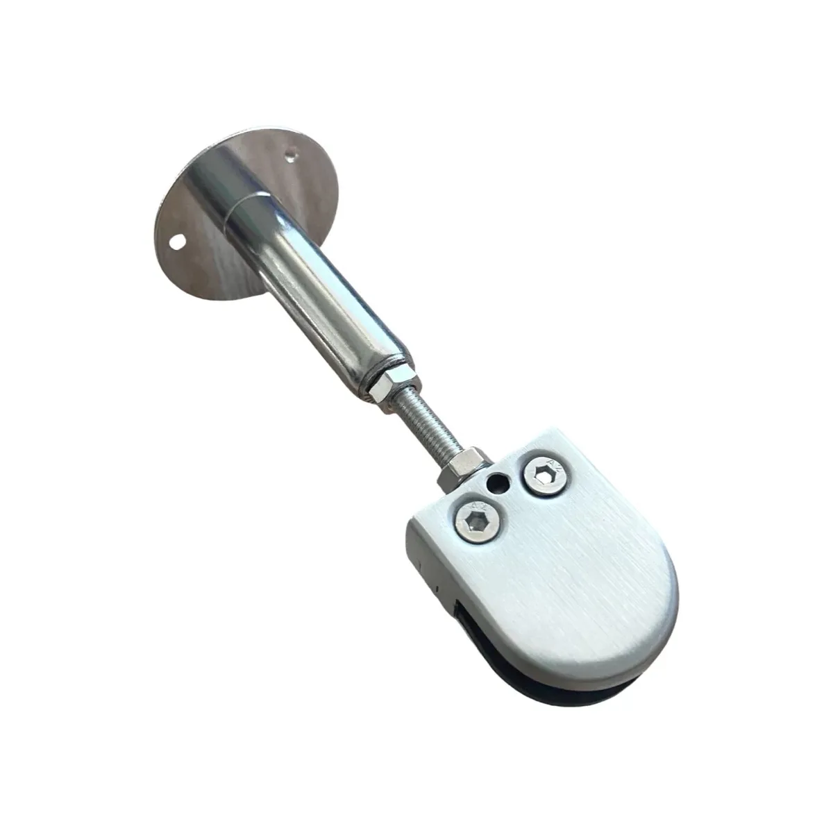 Stainless steel adjustable glass support bracket on a white background