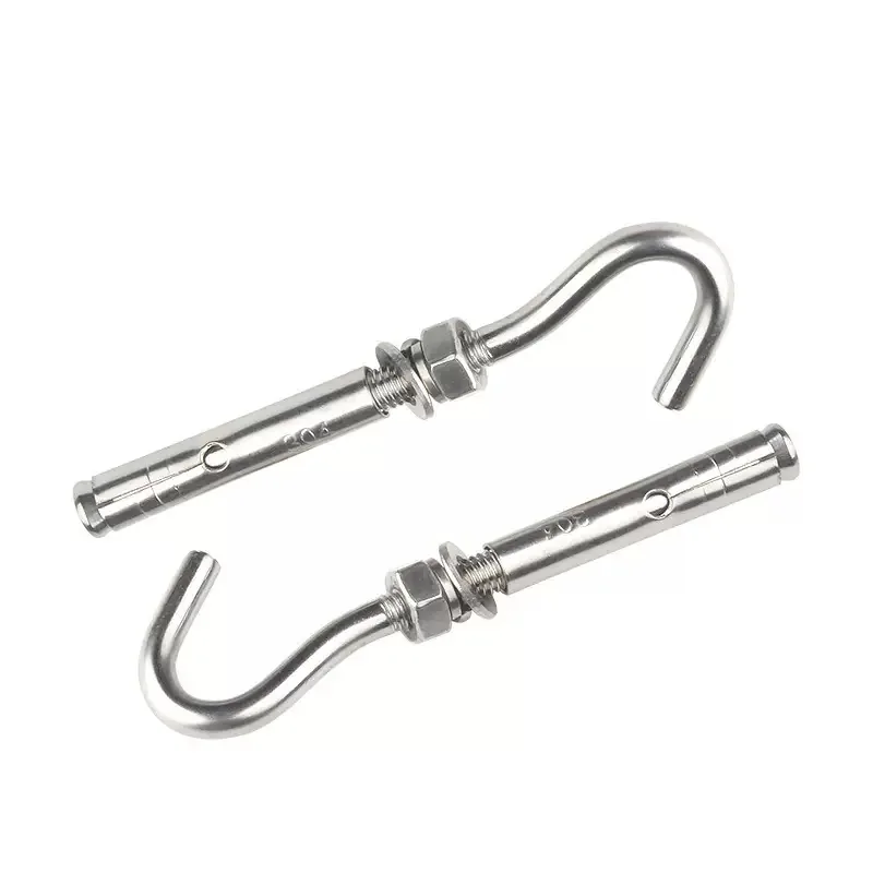 Close-up of stainless steel J-hook anchors with expansion sleeves and threaded adjustment