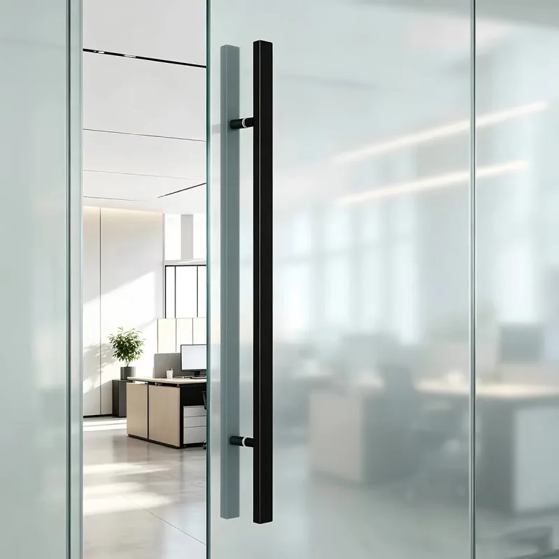 Black square tube back-to-back pull handle installed on a glass door