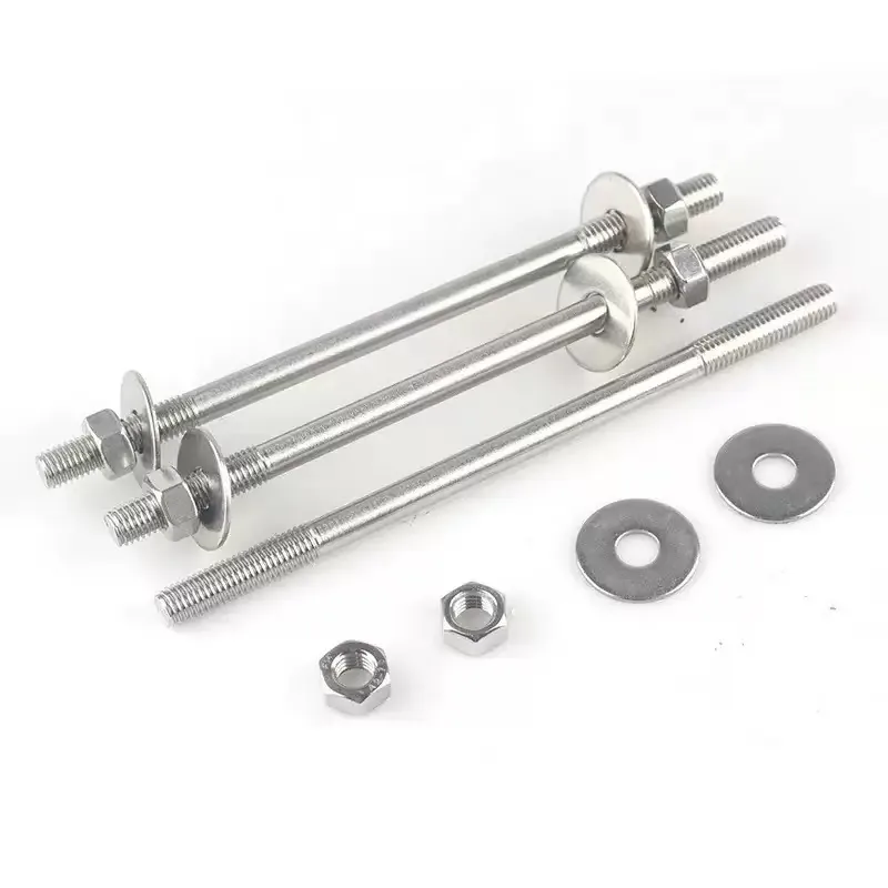 Double-ended stainless steel studs shown with loose nuts and flat washers
