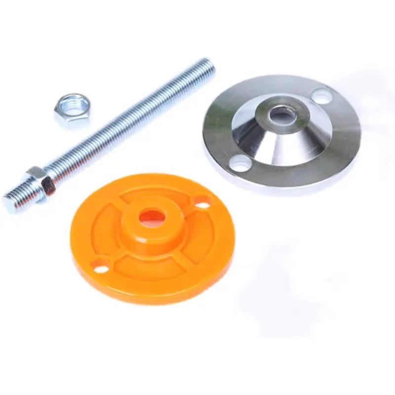 Exploded view of adjustable leveling foot stem, metal base and orange pad